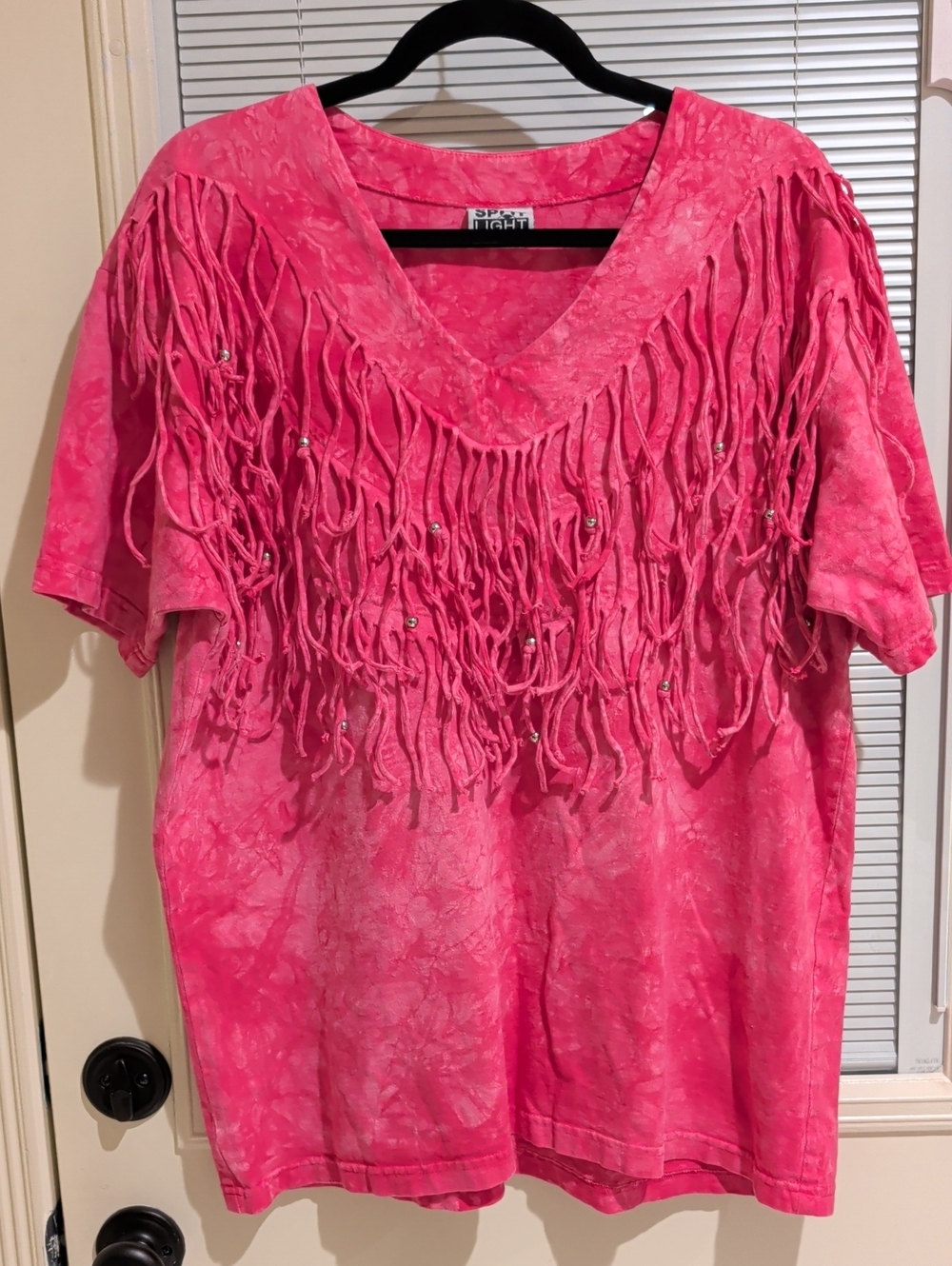 Women's Pink Fringe V-Neck Top 100% Cotton Large